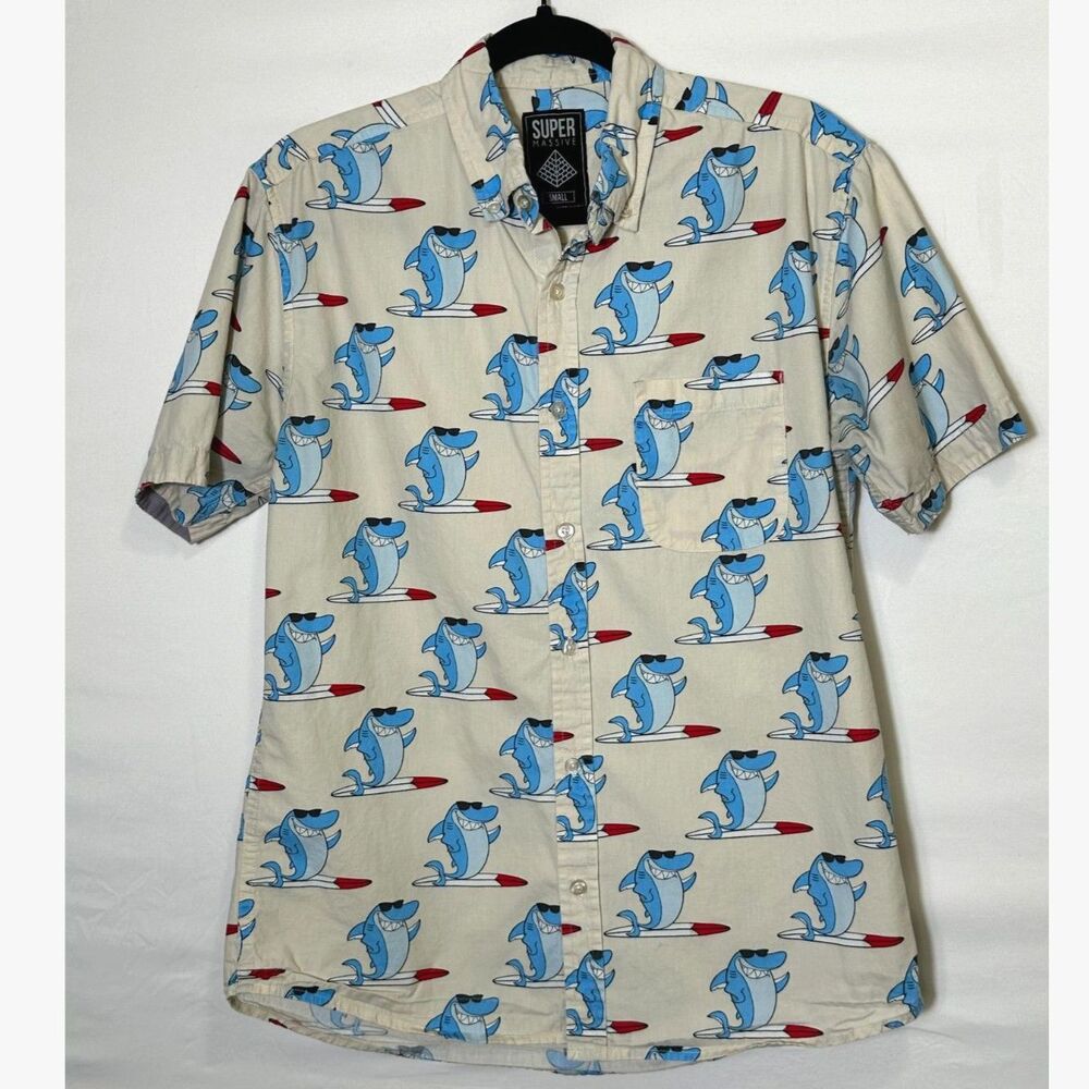 Super Massive Mens All Over Cartoon Print Shark Surfing Cream Background Size S